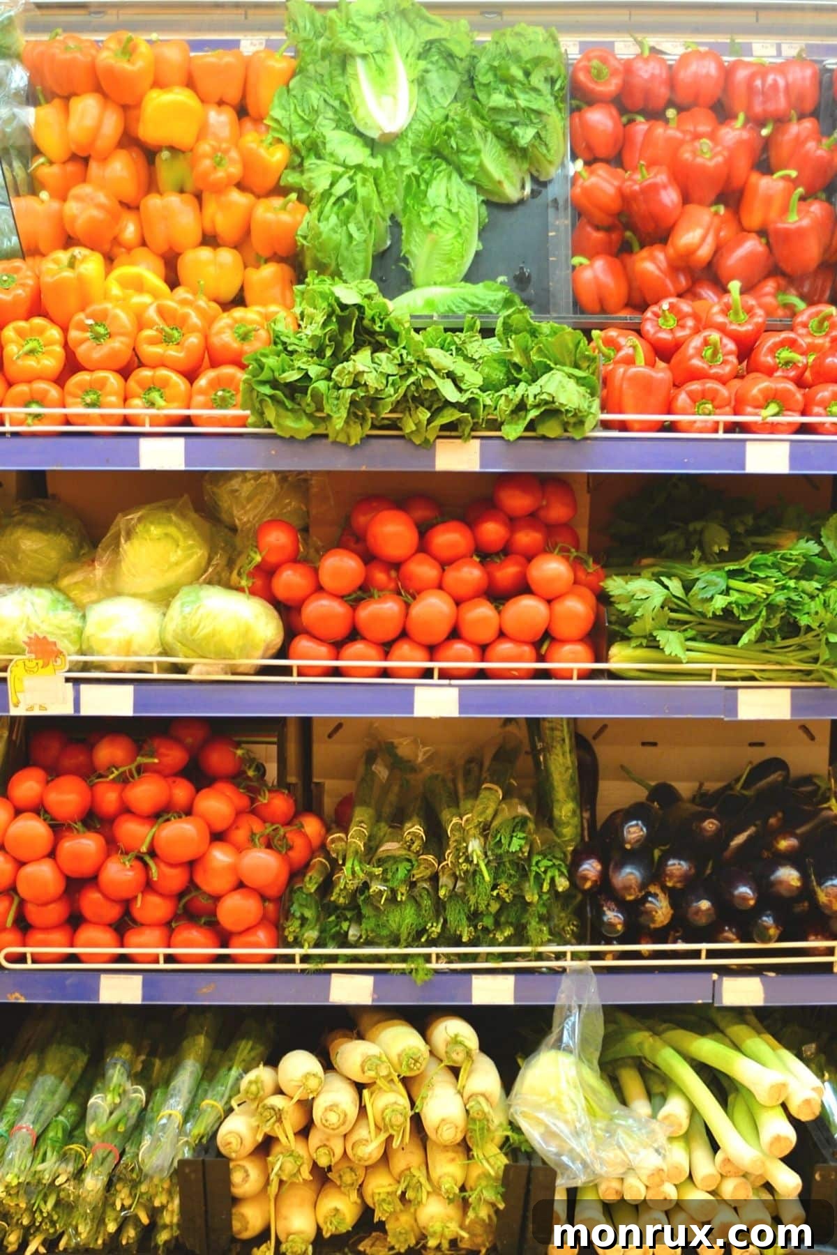 Racks of fresh, vibrant vegetables at the store, perfect for a clean eating diet