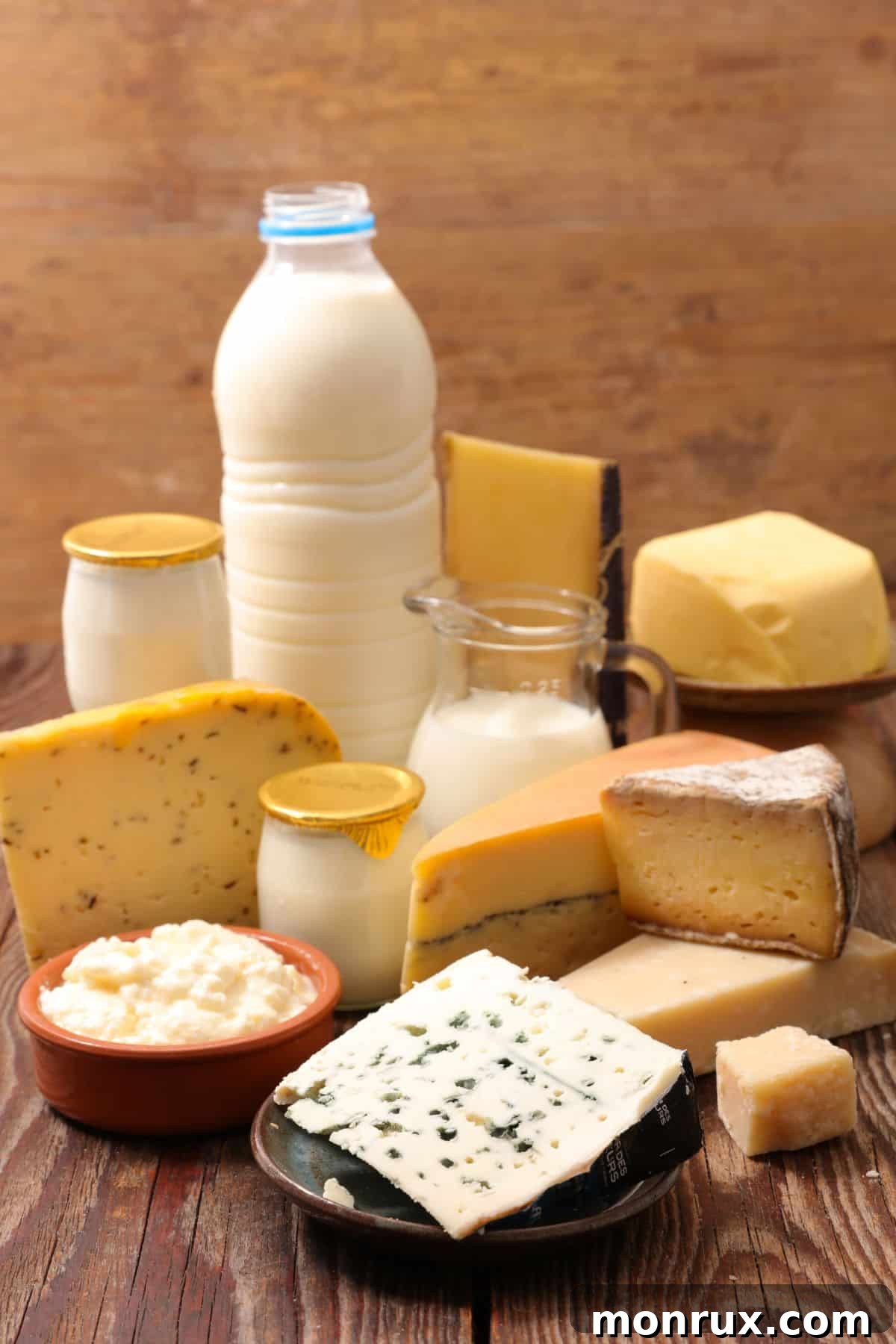 Selection of milk and cheese on a table, showcasing dairy and dairy-free options for clean eating