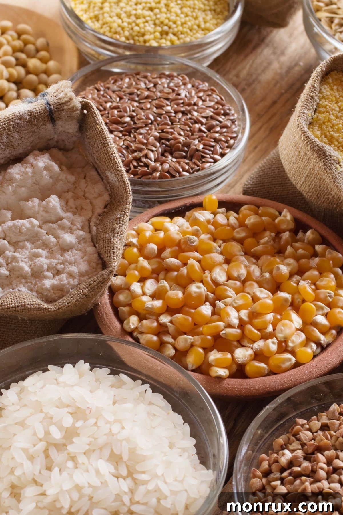 Various whole grains on a tabletop, including quinoa, rice, and oats for clean eating