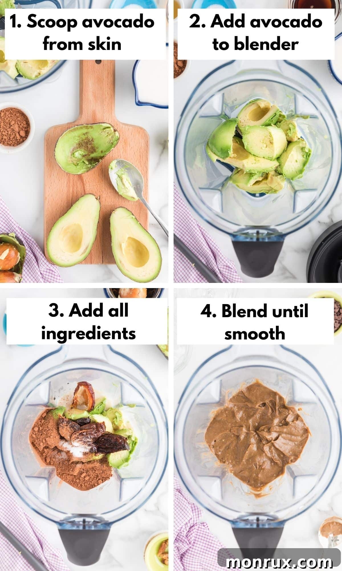 A four-panel process collage visually demonstrating the step-by-step instructions for making avocado chocolate pudding, from scooping avocado to the final smooth blend.