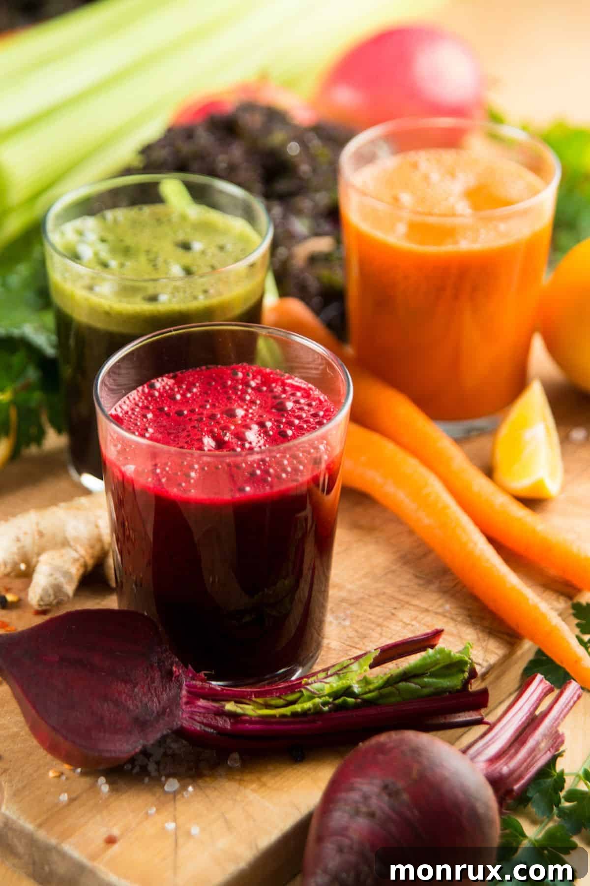Three vibrant vegetable juices on a table, symbolizing a fresh and healthy cleanse.