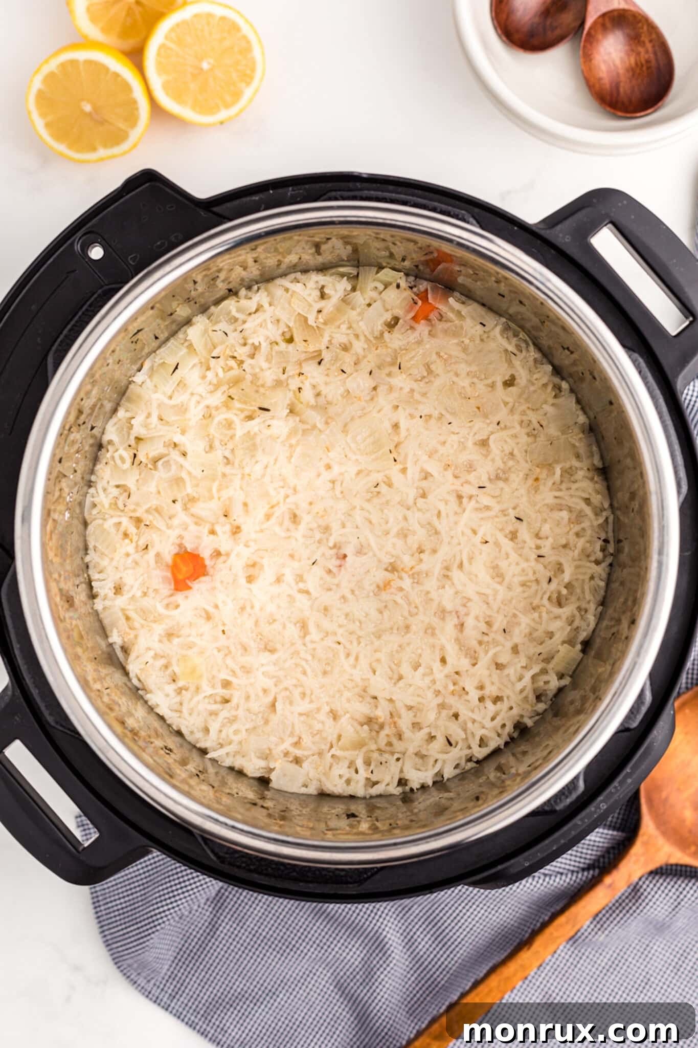 Cooked chicken, rice, and vegetables after pressure cooking in the Instant Pot.
