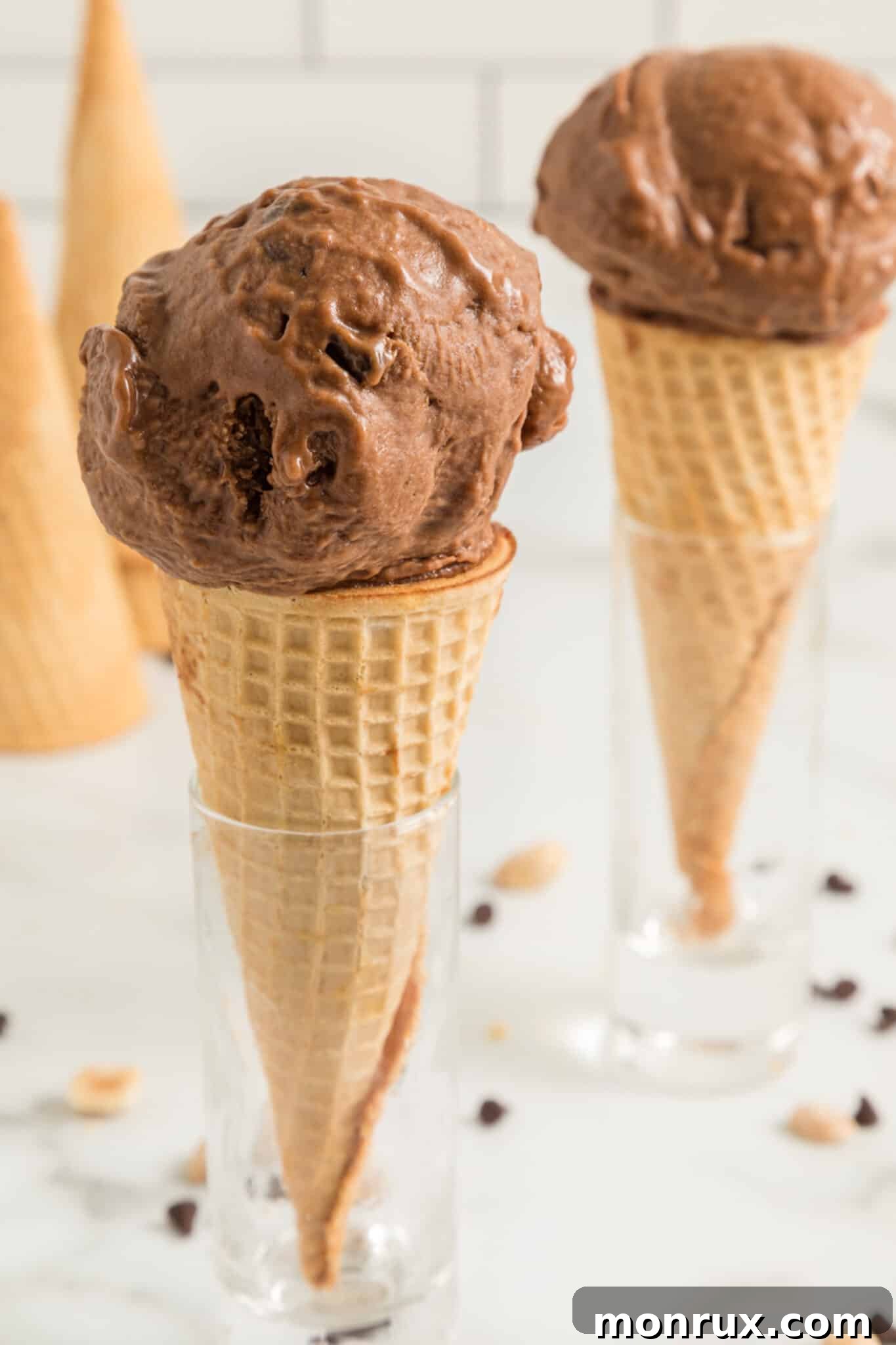 chocolate avocado ice cream served in cones.