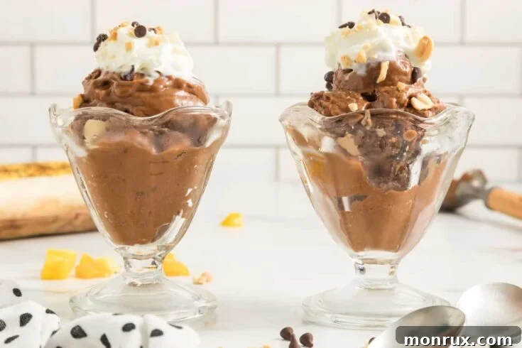 Chocolate Peanut Butter Banana Ice Cream in sundae glasses