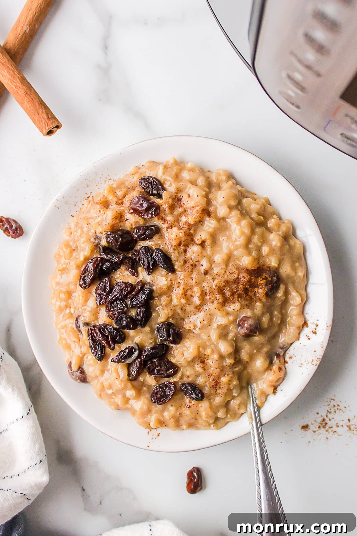 Instant Pot brown rice pudding in a white bowl, garnished with cinnamon.