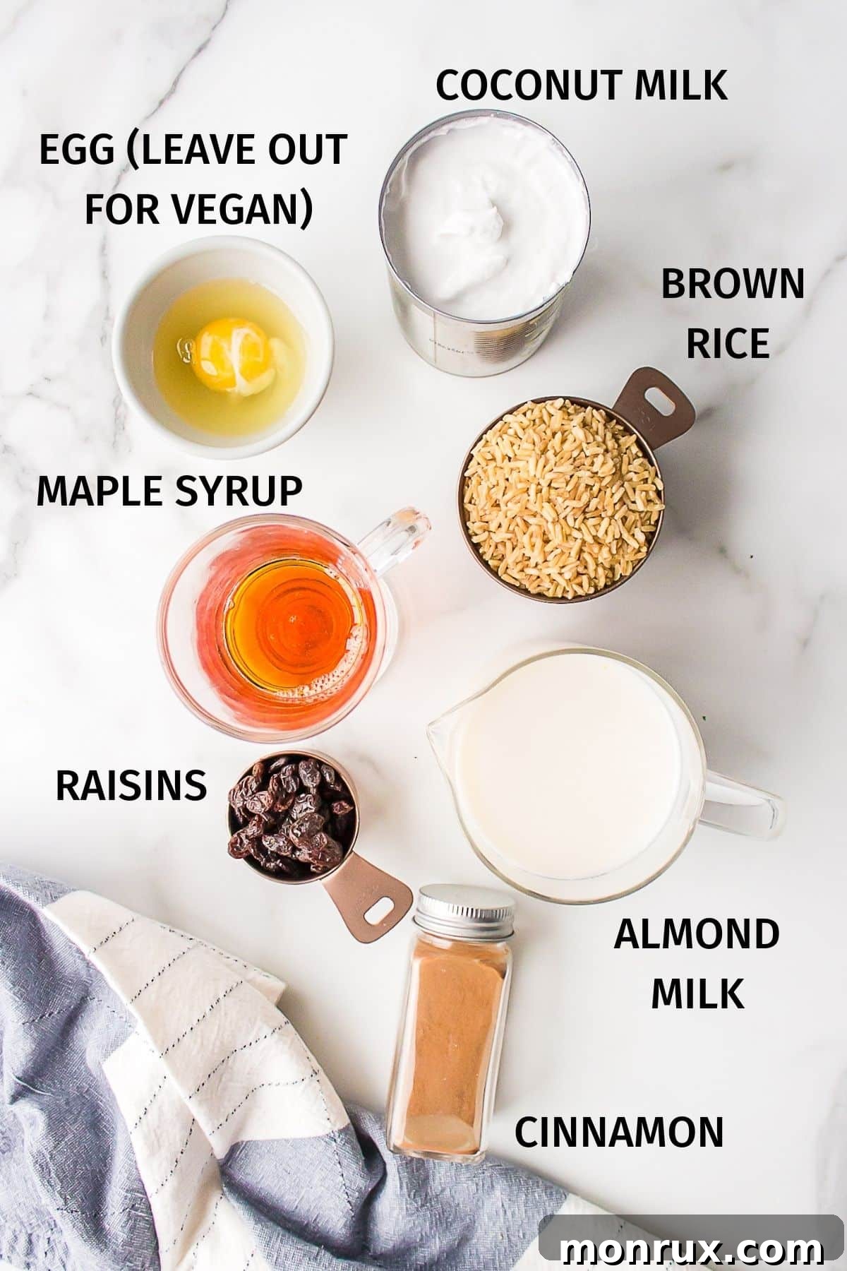 Ingredients for Instant Pot brown rice pudding laid out on a table.