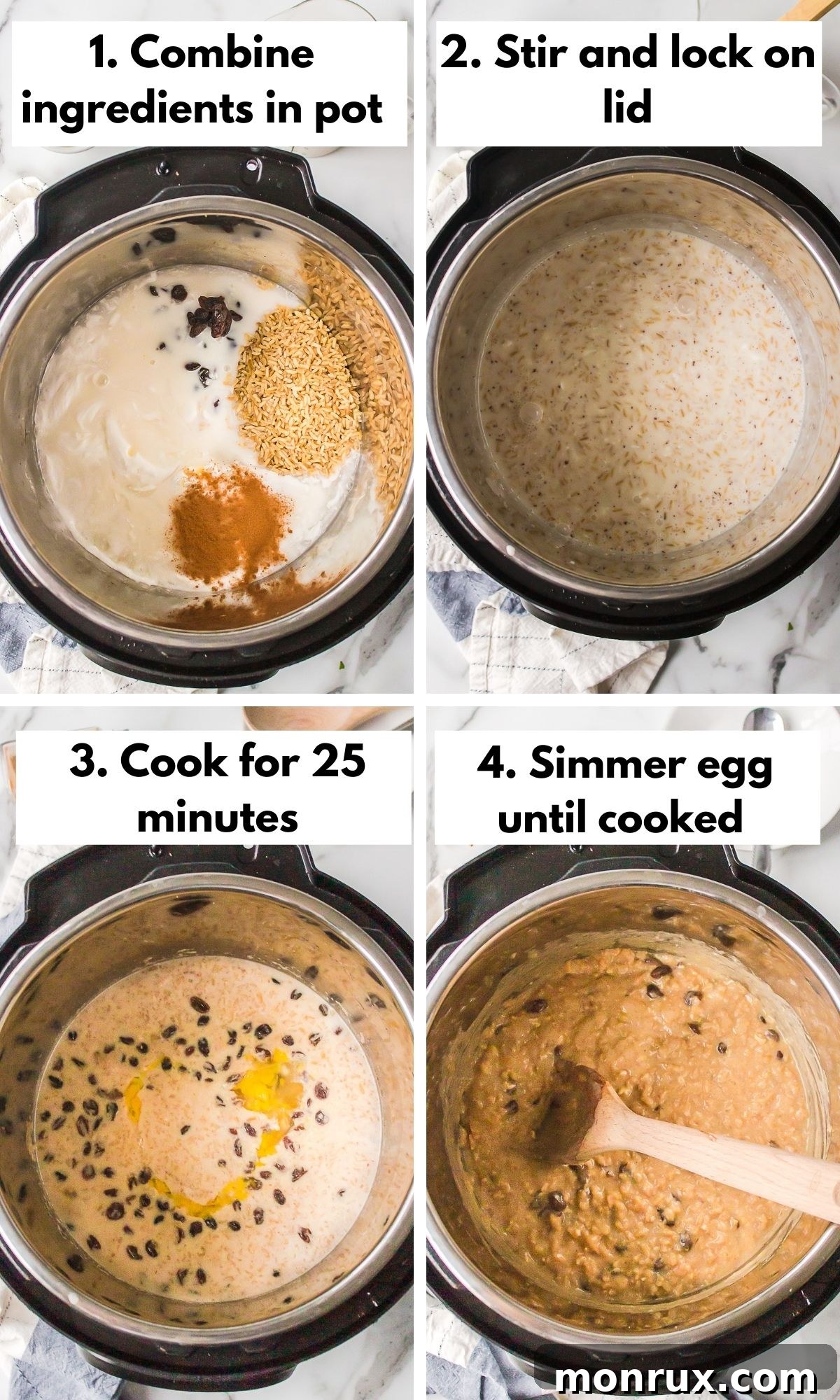 Process photos for how to make Instant Pot brown rice pudding.