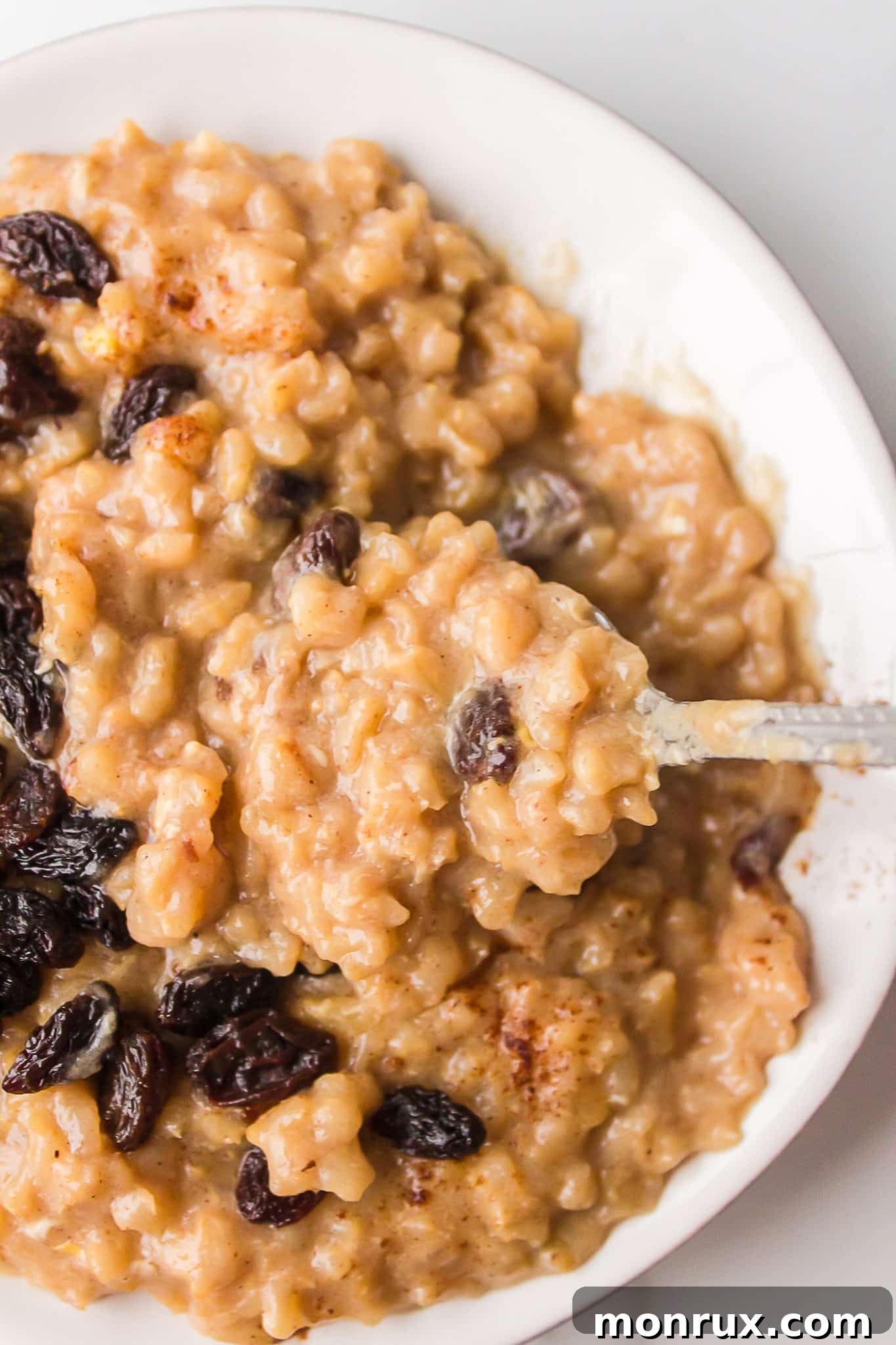 Close-up of brown rice pudding texture in a bowl with visible raisins and cinnamon.