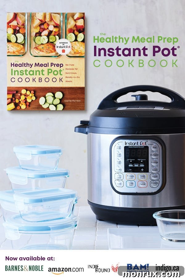 The Healthy Meal Prep Instant Pot Cookbook with meal prep containers and an Instant Pot.