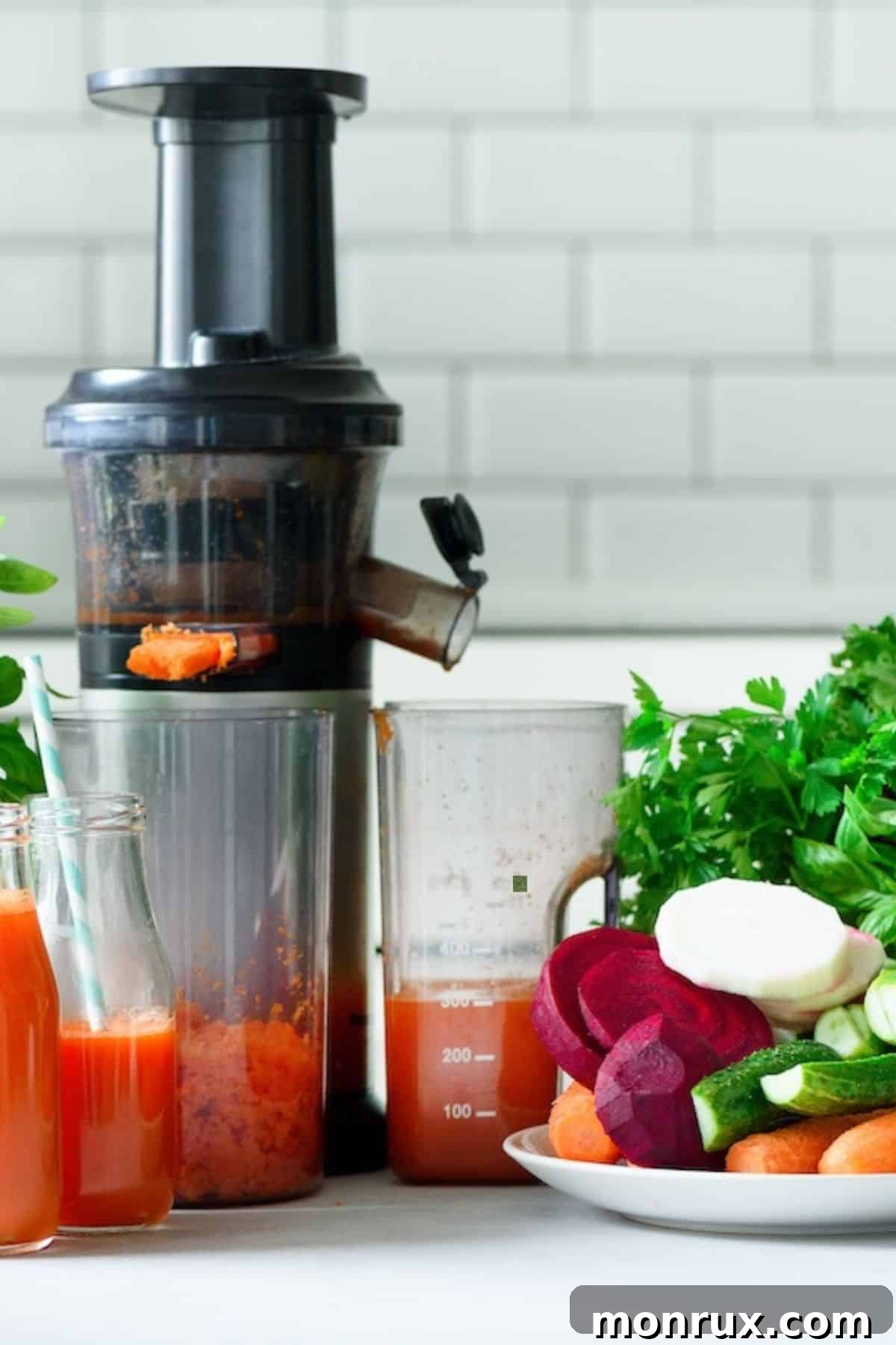 Centrifugal juicer on a kitchen counter with fresh fruits and vegetables, highlighting the immediate readiness for juicing.