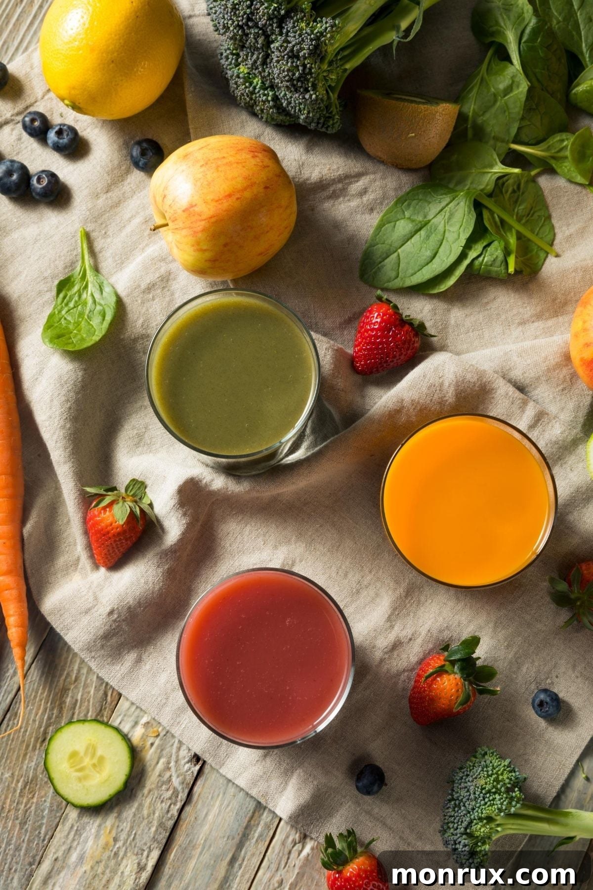 Assortment of vibrant vegetable and fruit juices in glasses on a kitchen countertop, showcasing the variety of homemade options.
