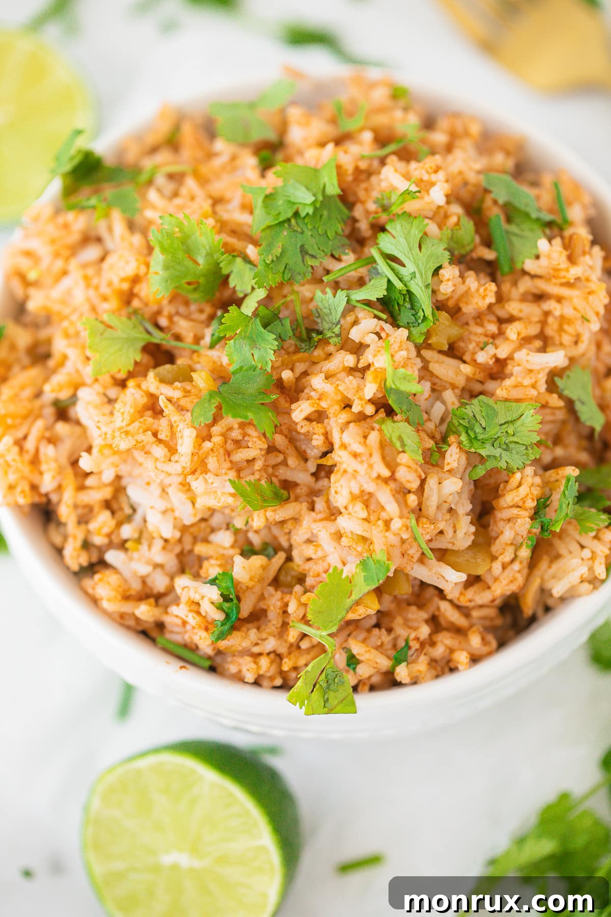 A bowl of vibrant Instant Pot Spanish Rice, ready to serve.