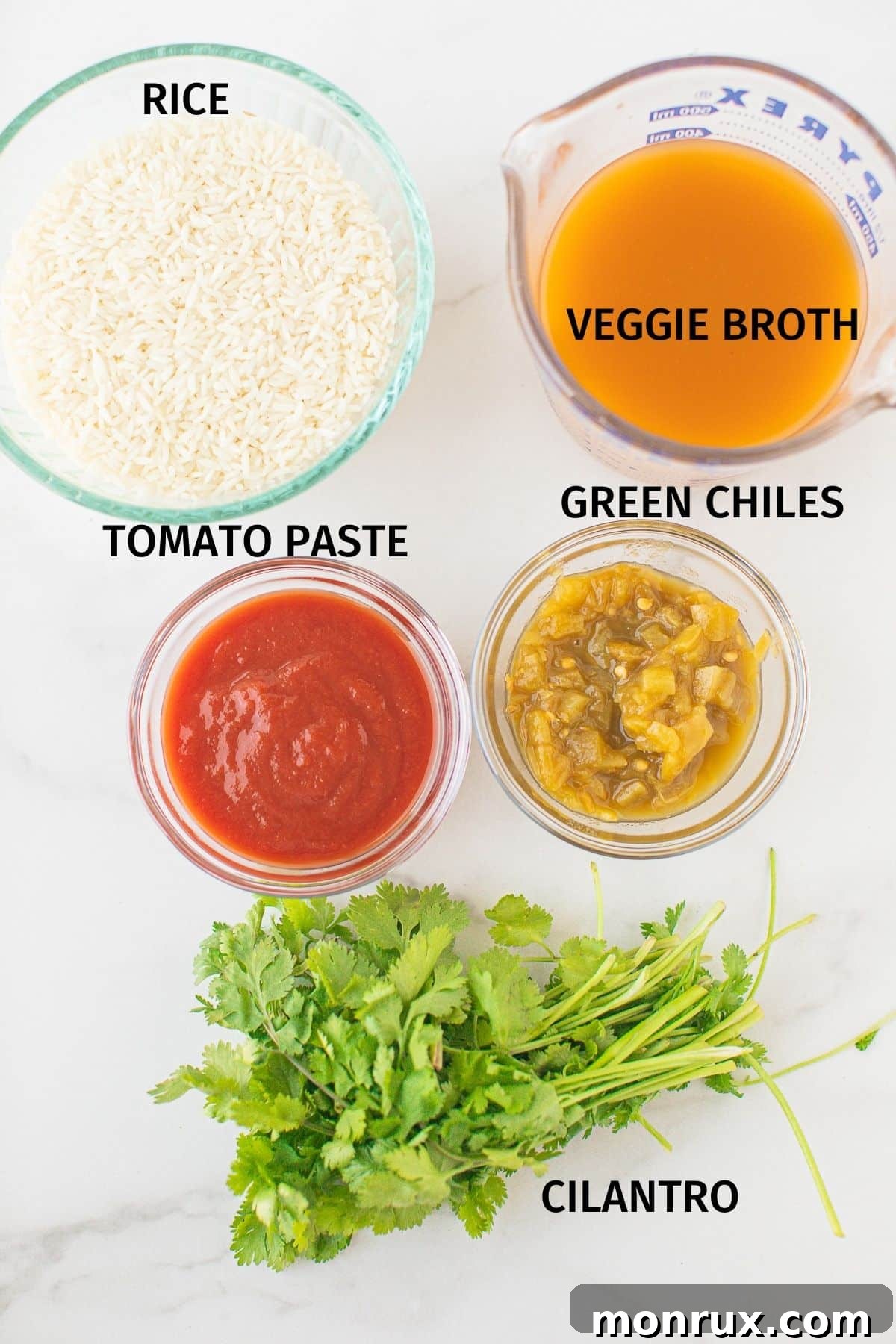 Labeled photo with all the key ingredients for Instant Pot Spanish Rice: white rice, vegetable broth, tomato paste, and canned green chiles.