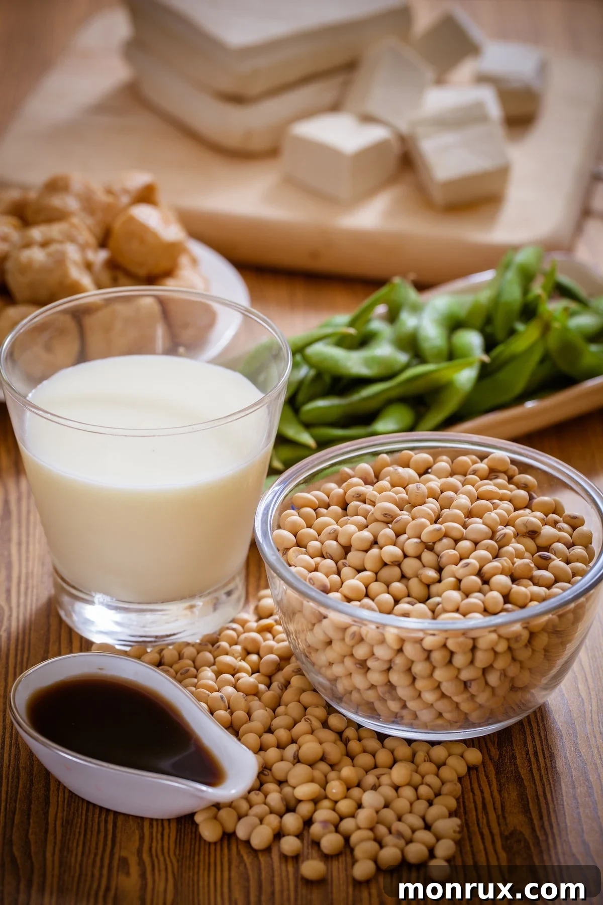 A vibrant selection of soy foods, including edamame, tofu, and soy milk, artistically arranged on a rustic tabletop.