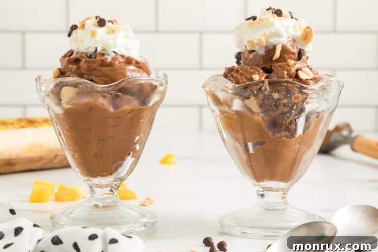sundae glasses with Chocolate Peanut Butter Banana Ice Cream.