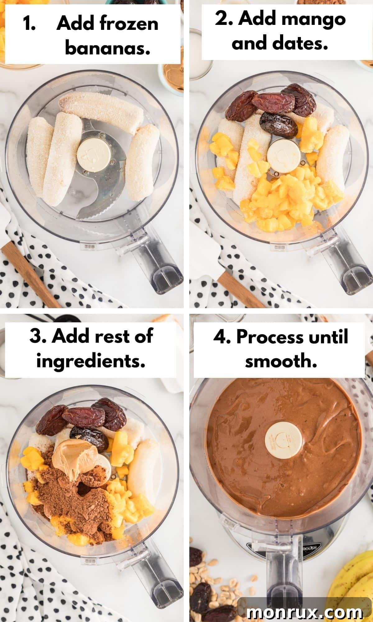 A series of process photos showing frozen bananas, then all ingredients in a food processor, and finally scoops of Chocolate Peanut Butter Banana Ice Cream in sundae glasses.
