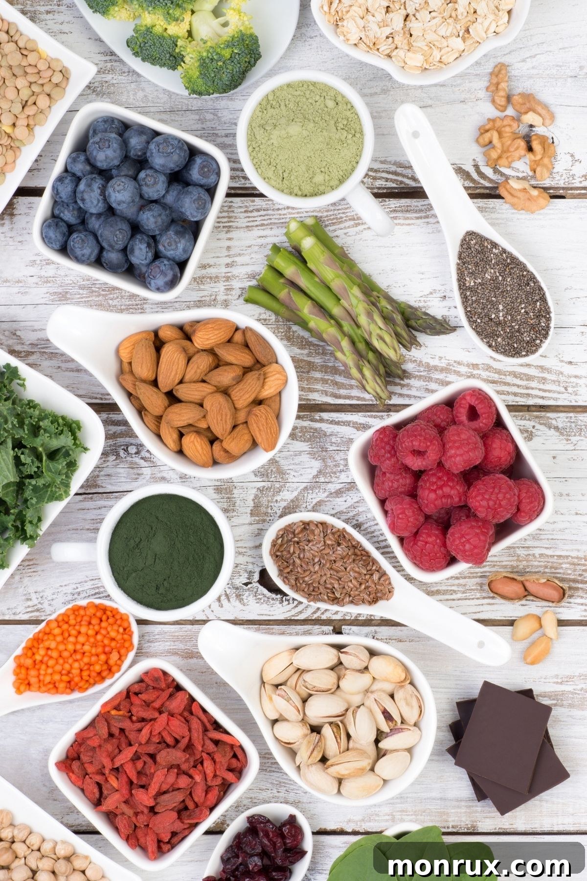 A vibrant selection of healthy whole foods, including fresh fruits, vegetables, nuts, and lean proteins, arranged on a rustic tabletop, symbolizing a balanced diet.