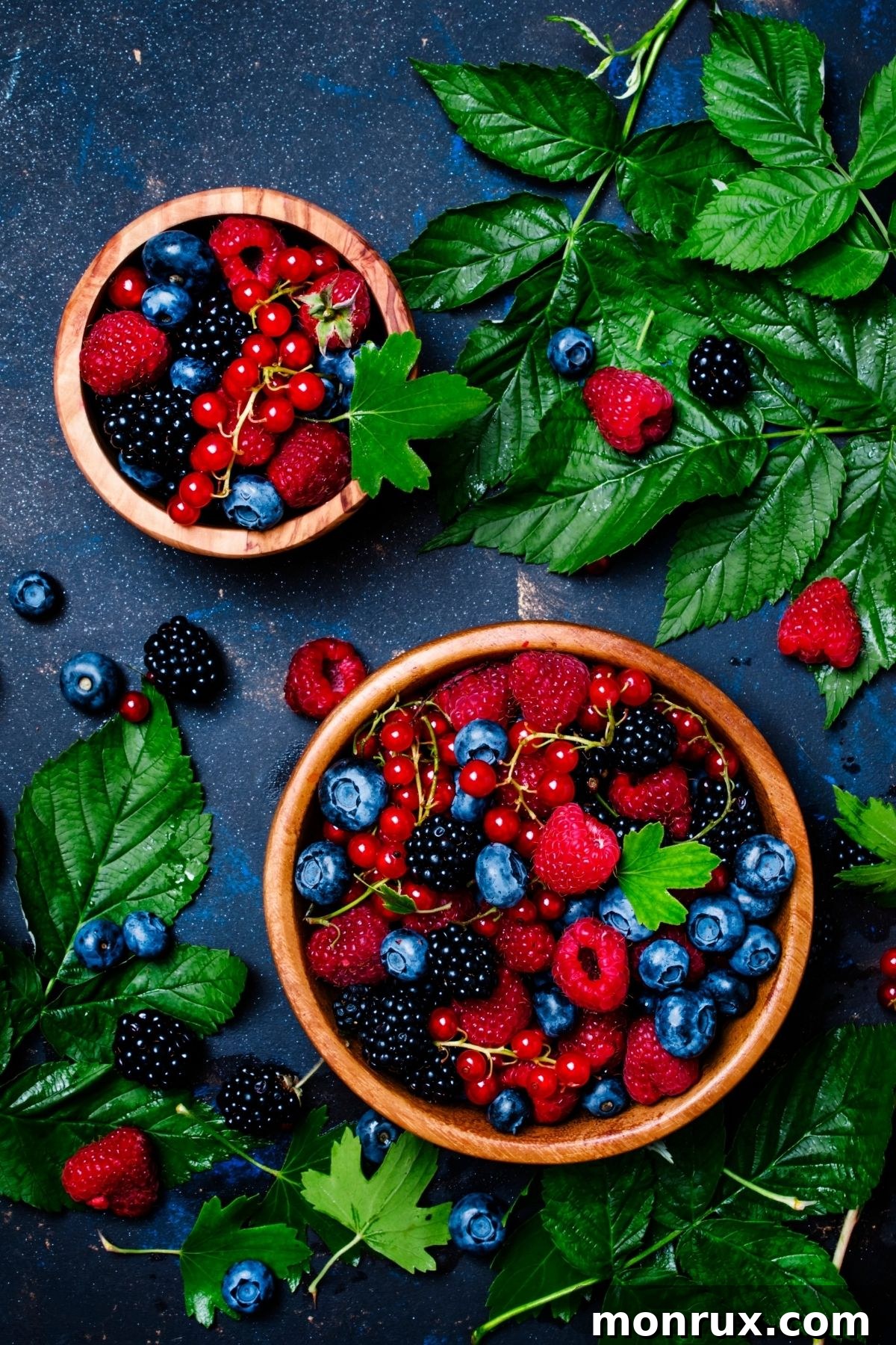 Two aesthetically arranged bowls brimming with a variety of fresh, ripe berries, including blueberries, raspberries, and strawberries, on a light-colored table.