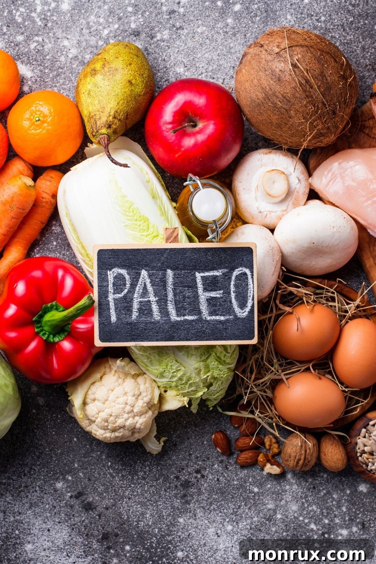 Assortment of healthy paleo foods on a countertop with a sign that says 'Paleo Diet Principles'