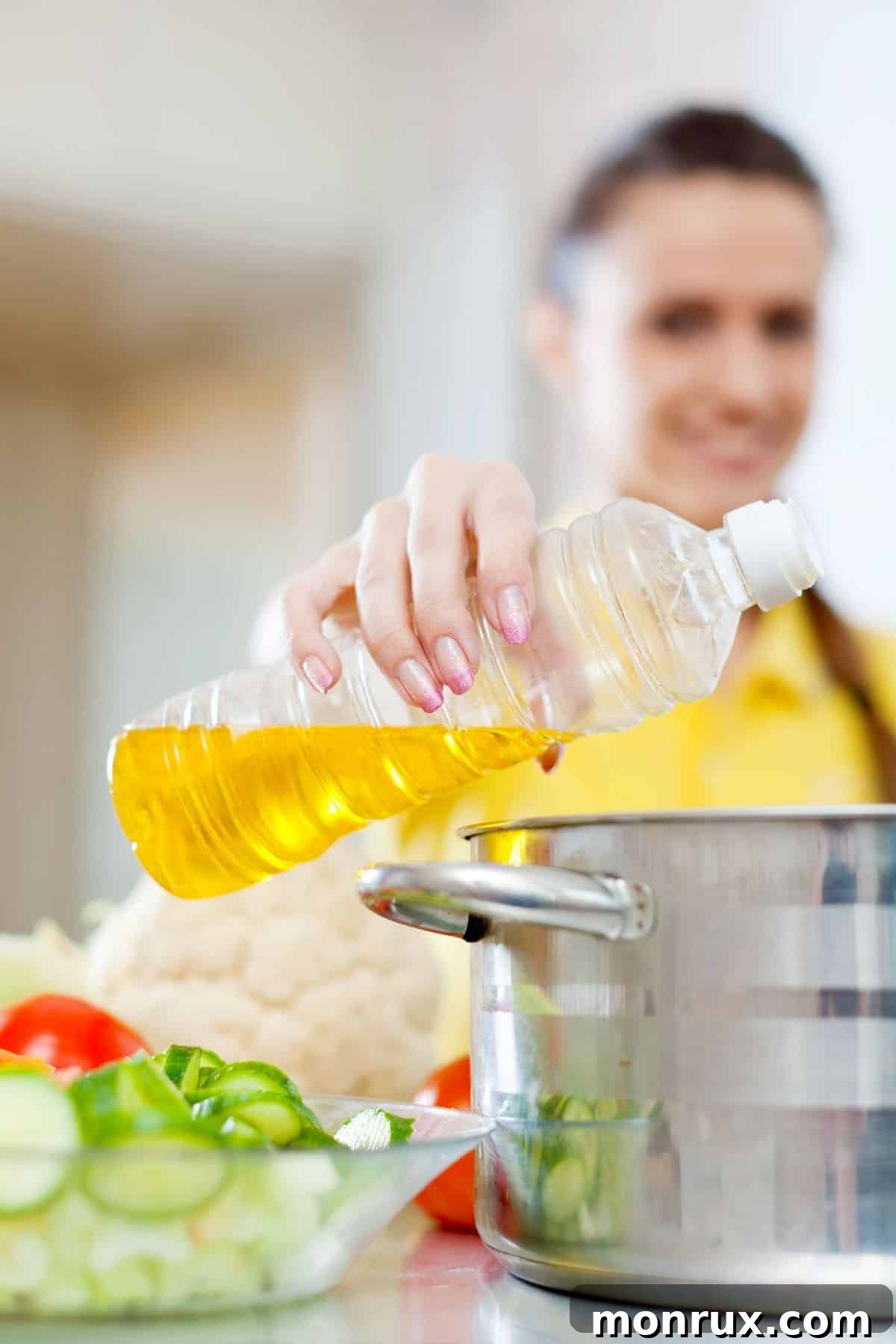woman pouring oil into a pot for cooking