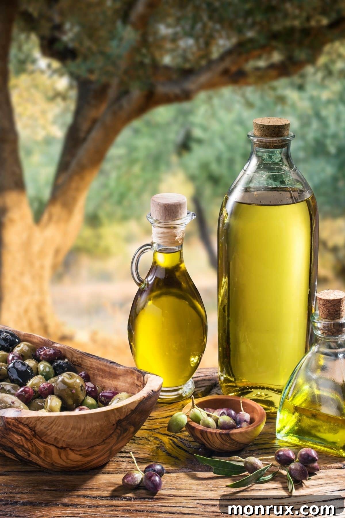 jars of olive oil on a picnic table with fresh olives