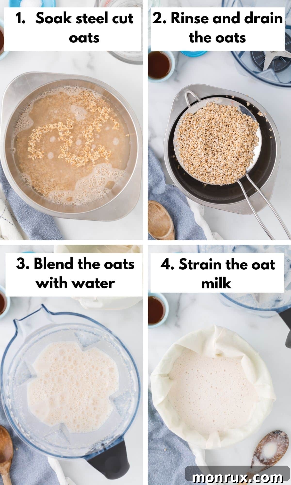 A visual collage illustrating the four key steps to making homemade oat milk creamer: soaking oats, blending, straining, and the final blend with sweeteners.