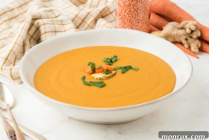 A vibrant and smooth Instant Pot Carrot Ginger Soup in a bowl.