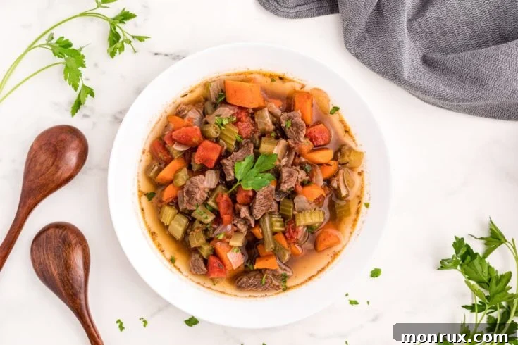 A bowl of classic Instant Pot Vegetable Beef Soup, brimming with tender beef and colorful vegetables.