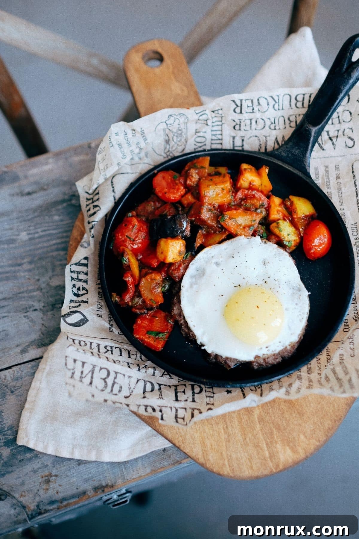 perfectly cooked eggs in a well-seasoned cast iron skillet.