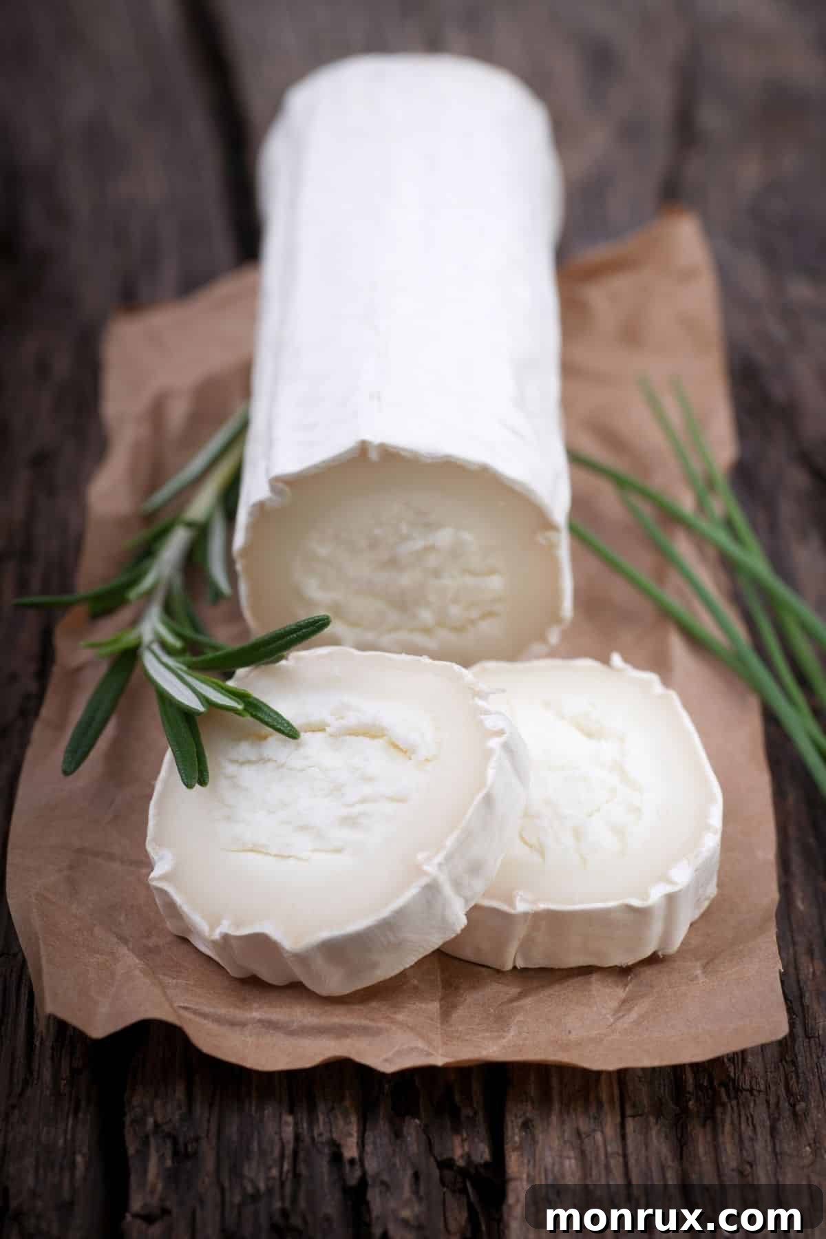 A beautifully textured block of artisanal goat cheese, perfect for a gourmet tasting.