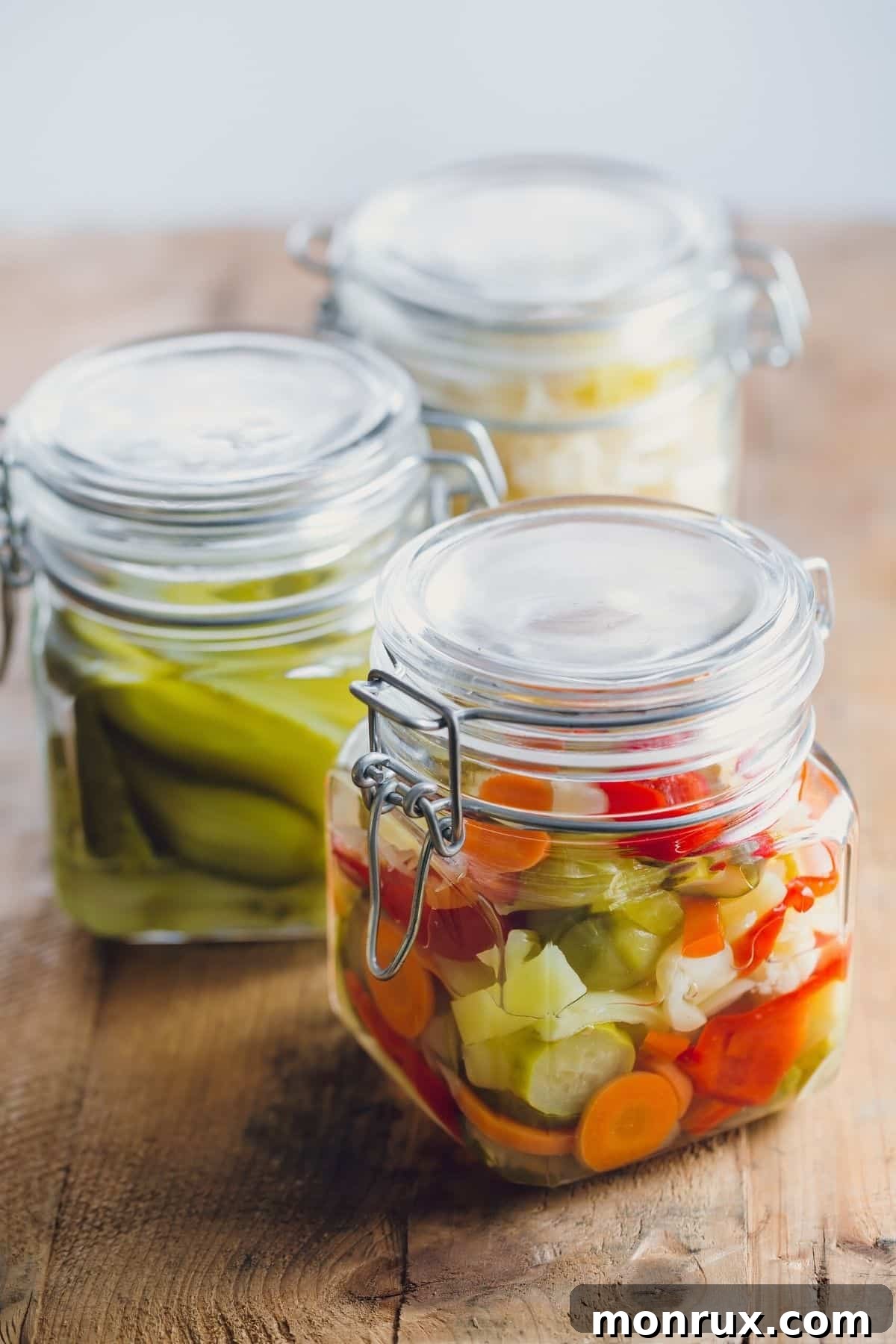 A collection of jars filled with various colorful fermented vegetables, illustrating the diversity of options.