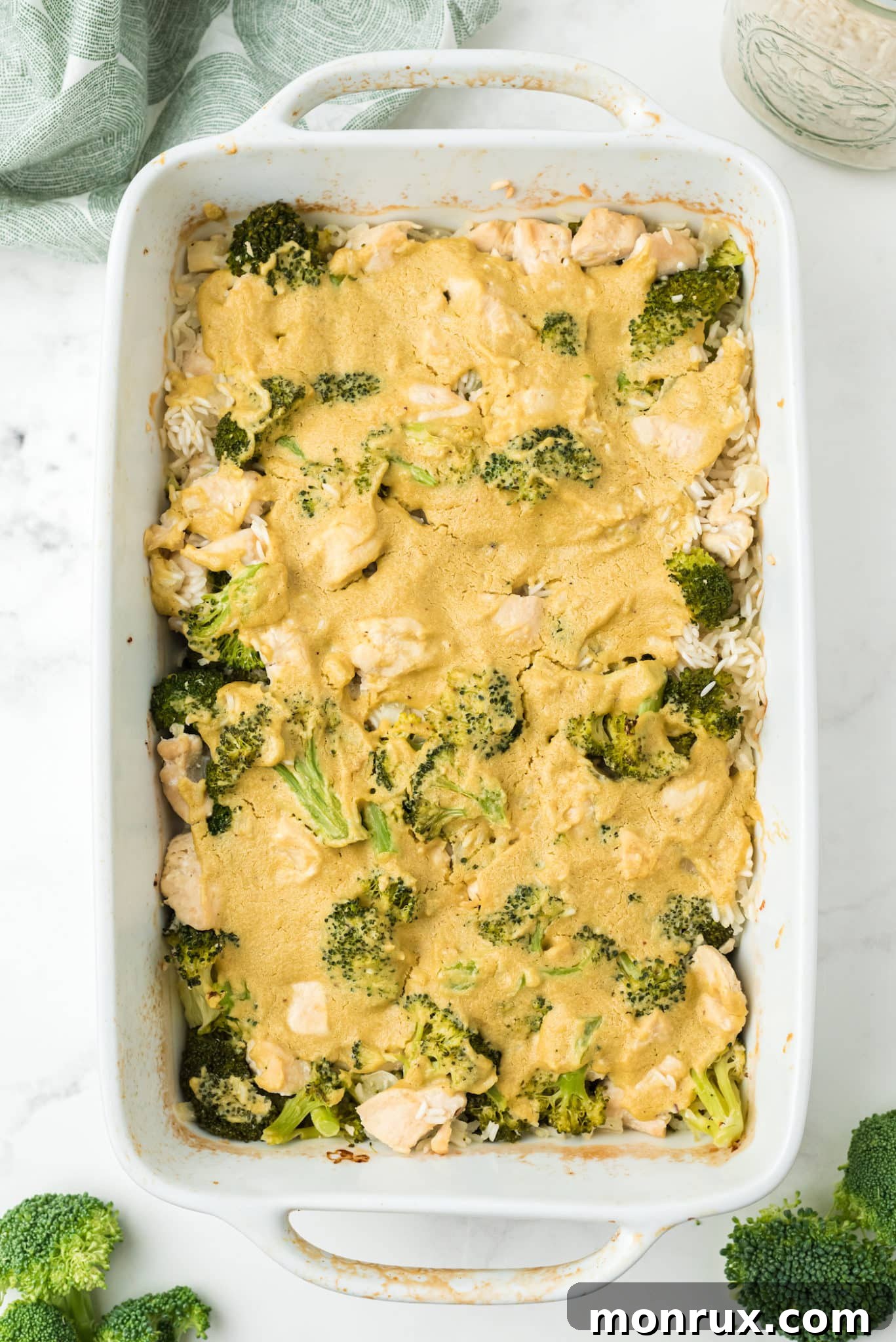 dairy-free chicken and rice casserole baked in a pan.