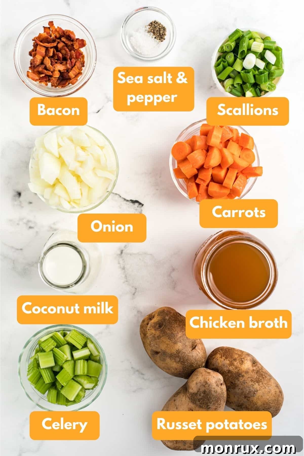 Ingredients for dairy-free potato soup laid out on a table