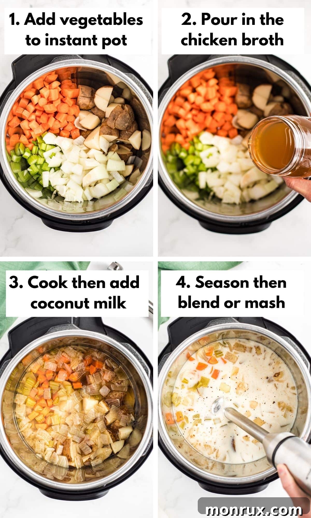 Process shots showing how to make dairy-free potato soup, from prep to finished dish.