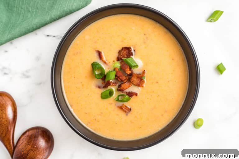 a bowl of dairy-free potato soup with fresh garnishes