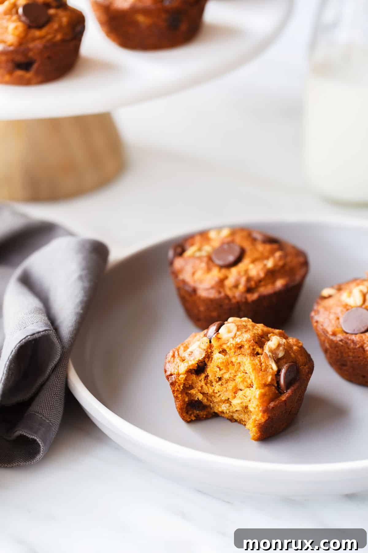sweet potato muffins served on a plate with glass of almond milk.