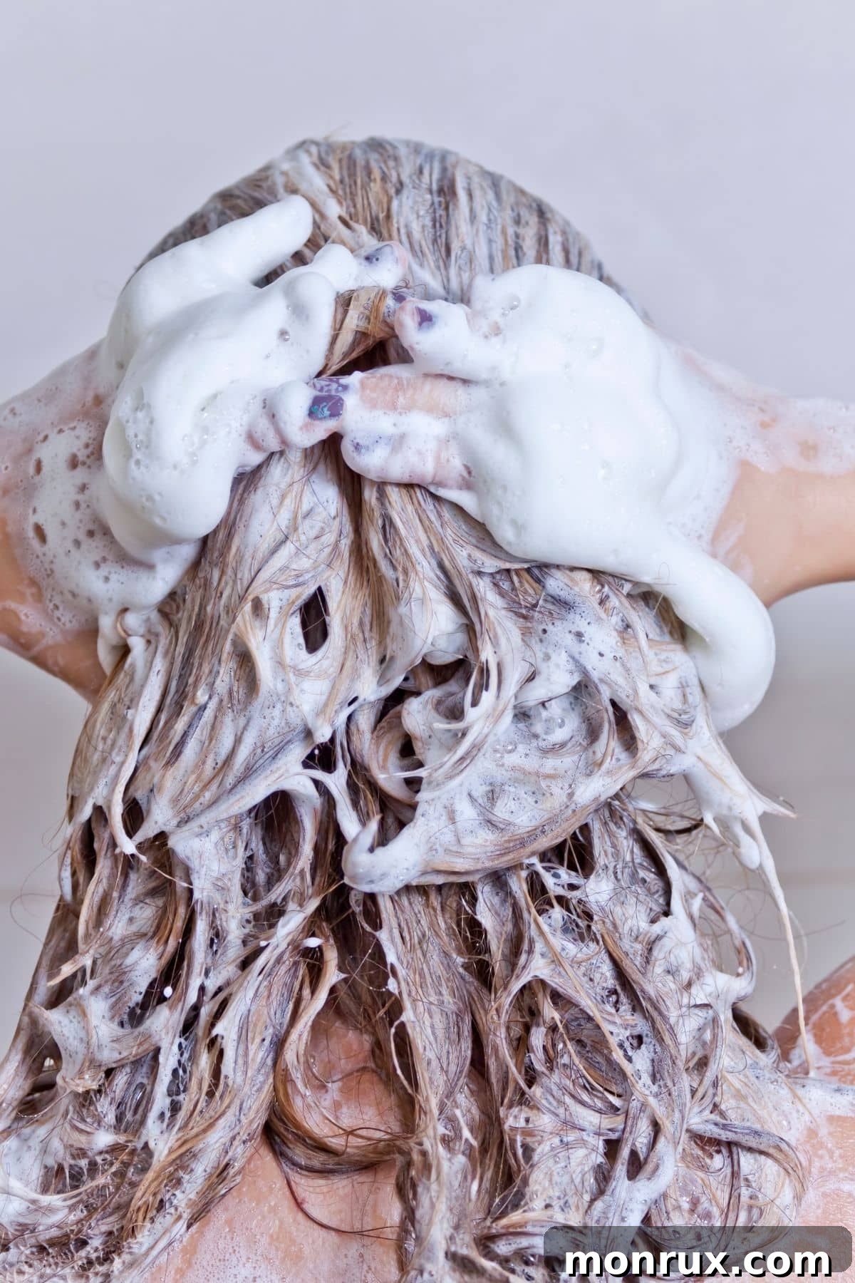 Woman washing her hair, emphasizing hygiene to remove allergens like pollen.