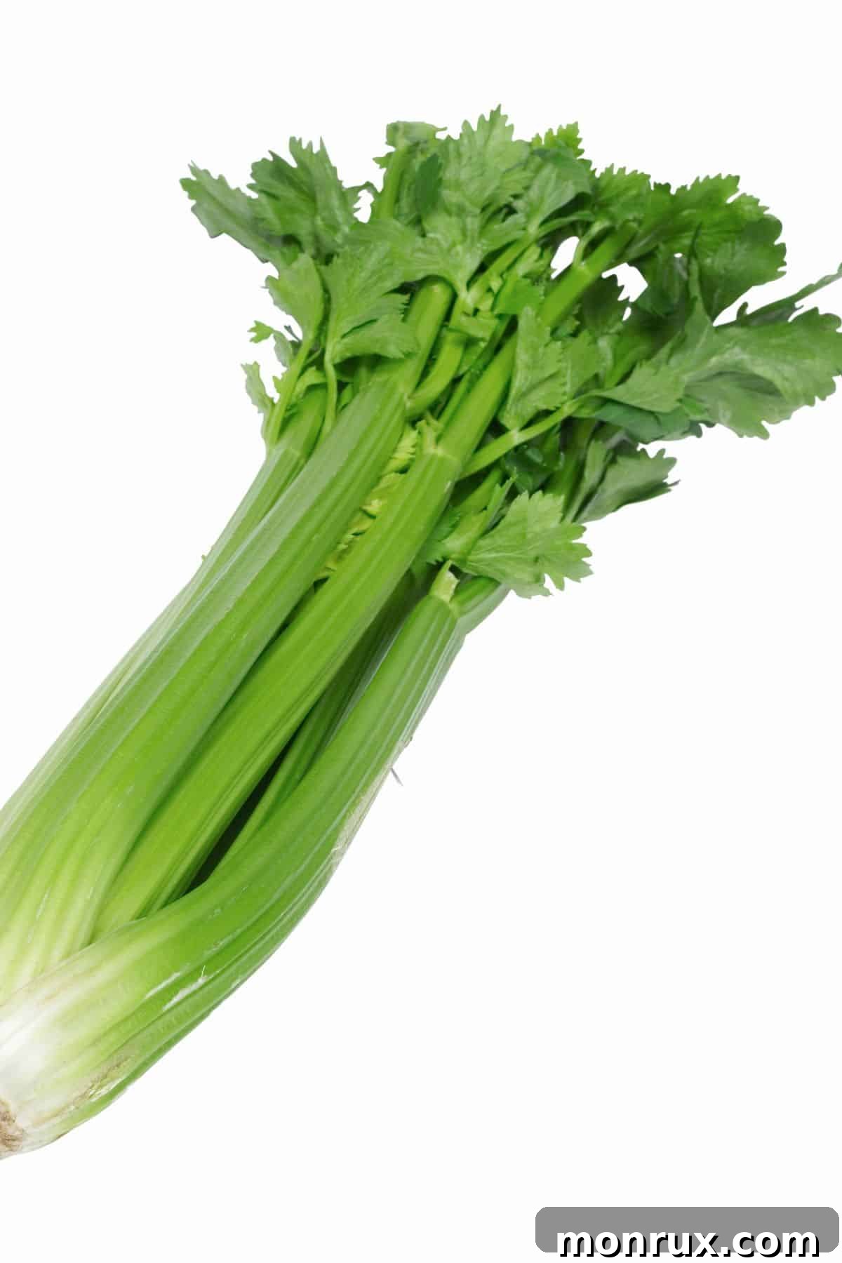 Several stalks of fresh green celery laid horizontally on a wooden table, emphasizing its crisp texture.