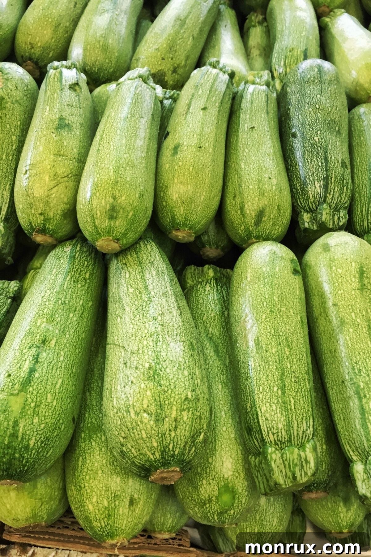 Stack of fresh green zucchini at a farmer's market, highlighting their smooth skin and firm texture.