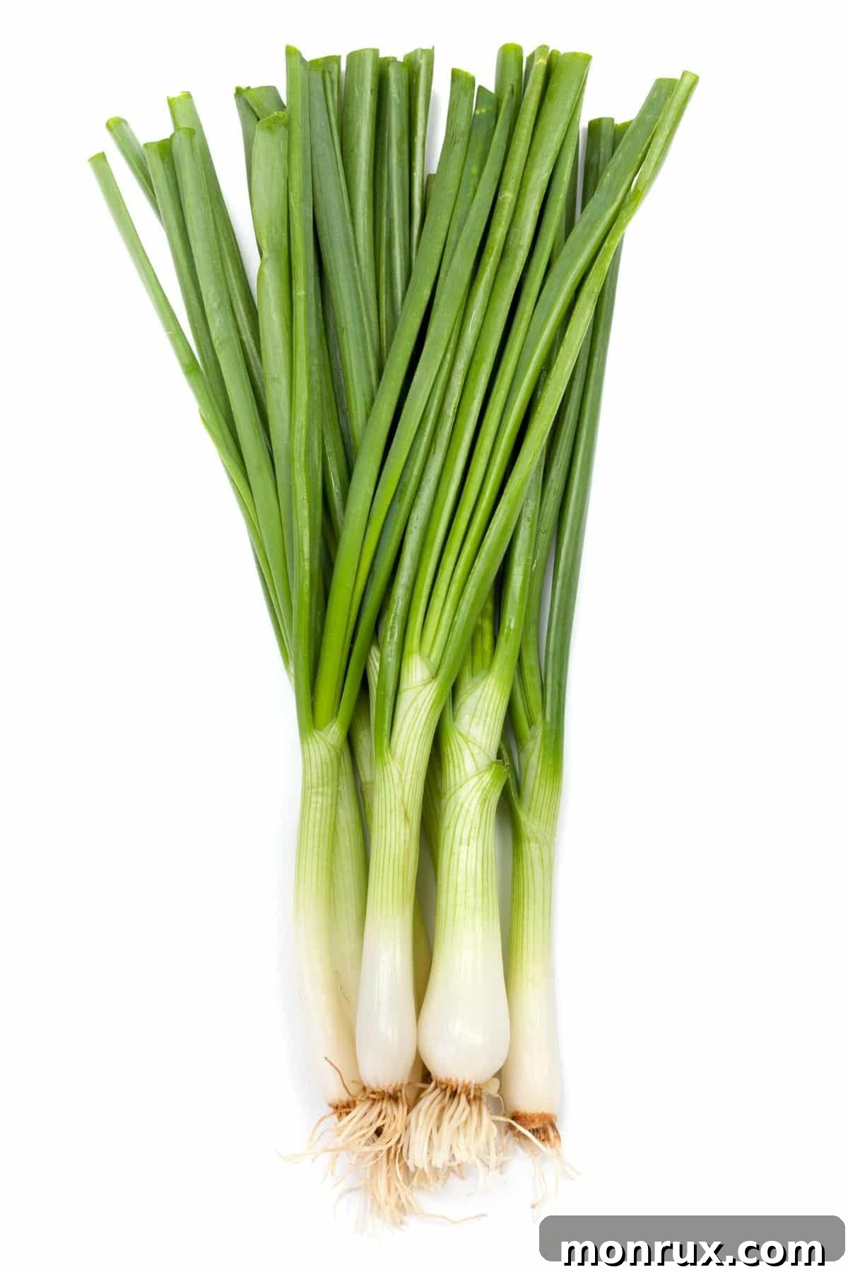 A fresh bunch of green onions, also known as scallions, on a wooden table, showing their white bulbs and long green stalks.