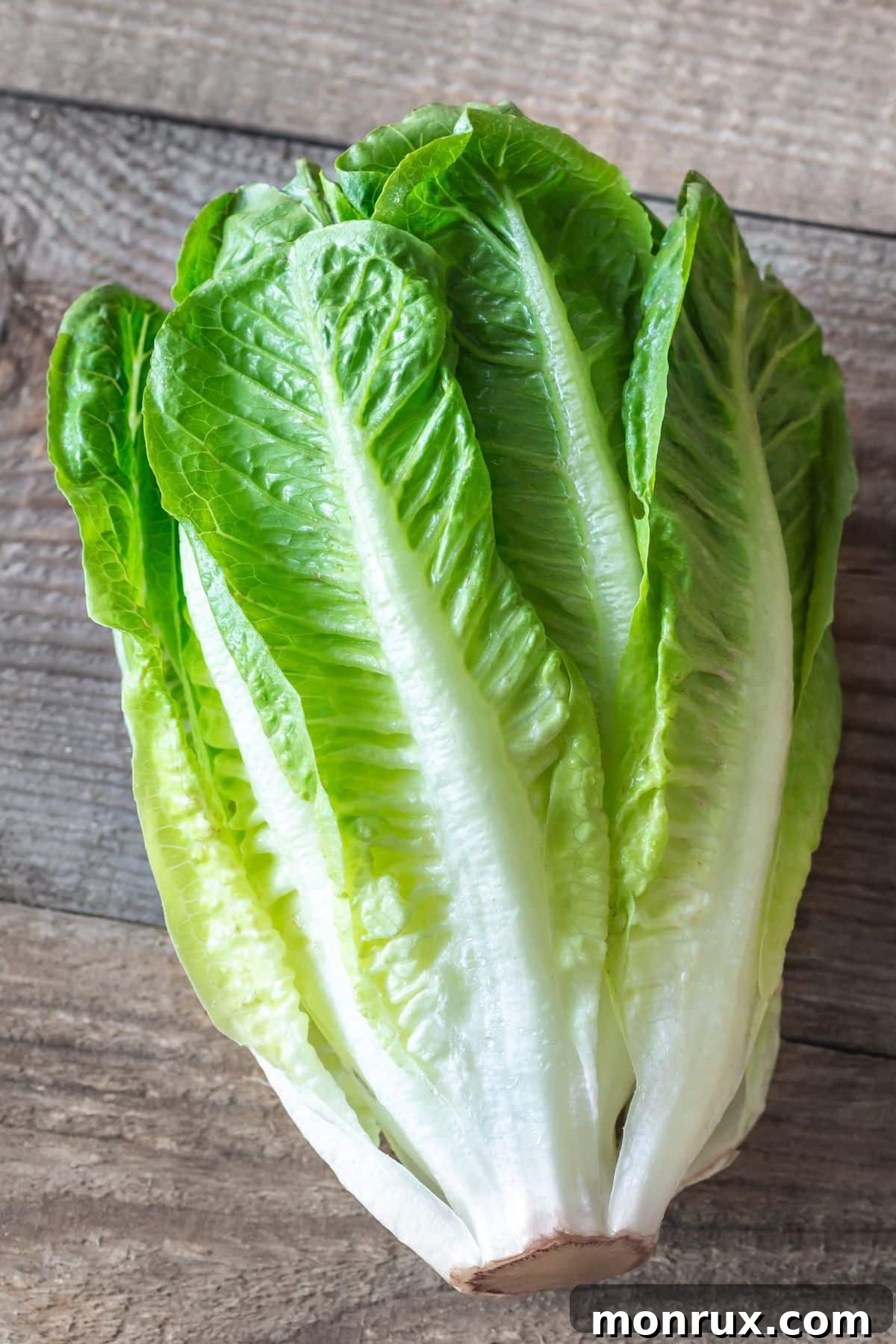 A crisp head of romaine lettuce on a wooden table, showing its long, vibrant green leaves.