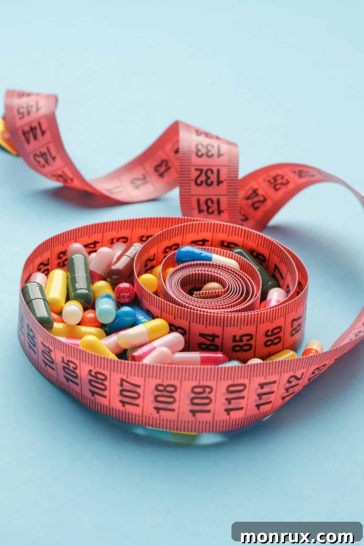pink measuring tape filled with colorful pills.