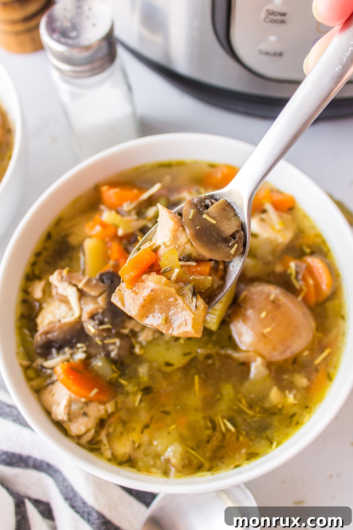 A spoonful of chicken soup with potatoes and vegetables being lifted from a bowl.