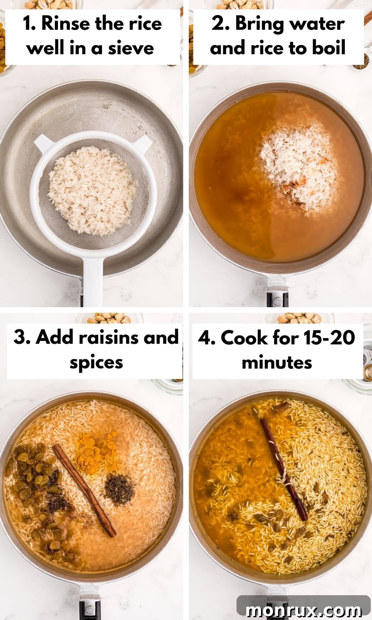A process collage with photos illustrating how to make Indian yellow rice, from rinsing the rice to simmering in a pot.