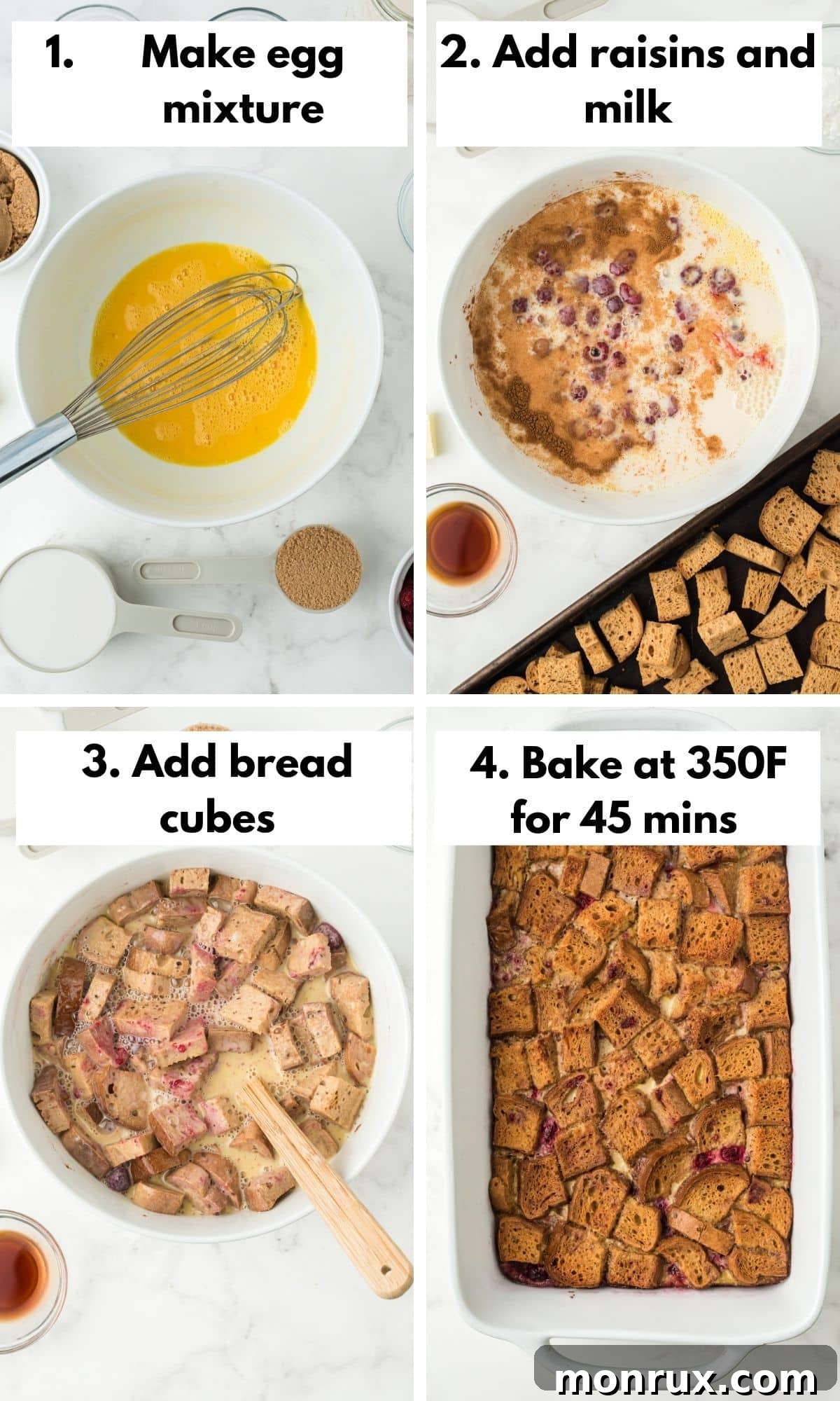 A collage of process photos illustrating the steps to make gluten-free bread pudding, from mixing ingredients to baking.