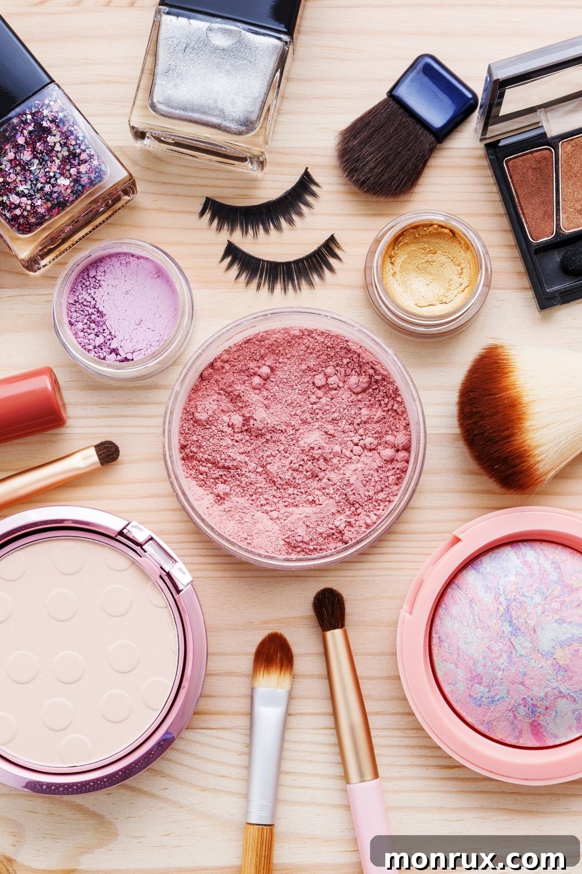 variety of cosmetics on a table.