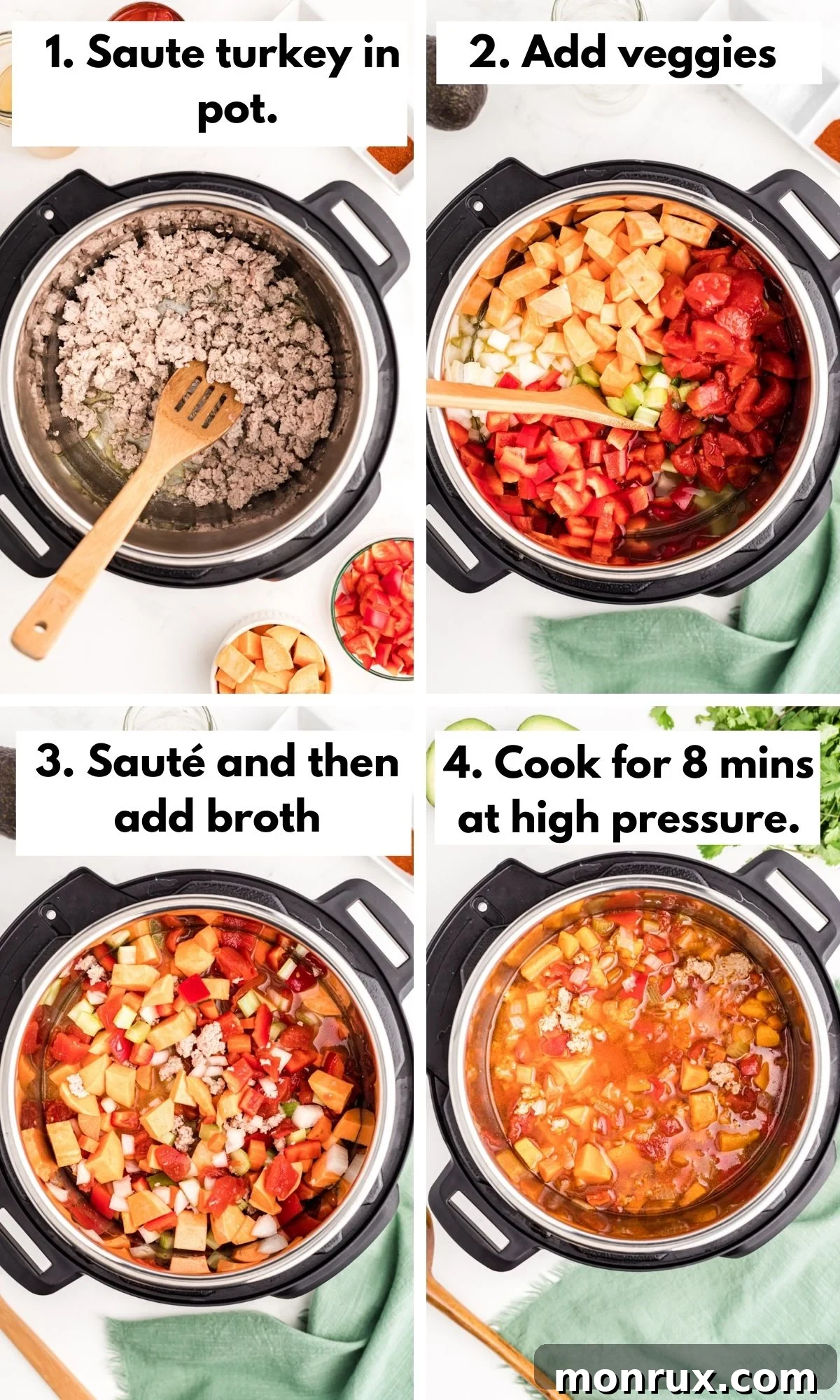 A visual step-by-step collage showing the process of making Instant Pot Turkey Chili, from sautéing meat to combining ingredients.