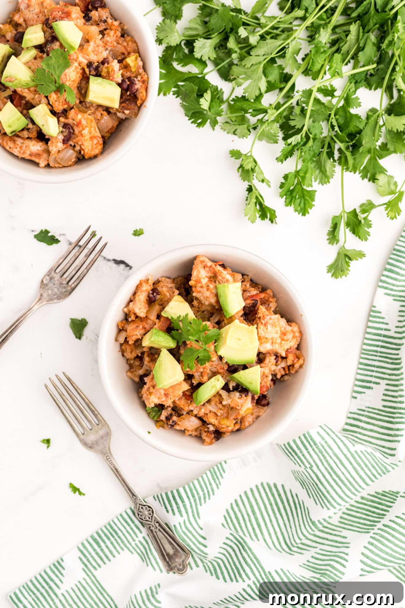 A close-up of a bowl of slow cooker chicken and rice, generously topped with creamy avocado slices and fresh cilantro.