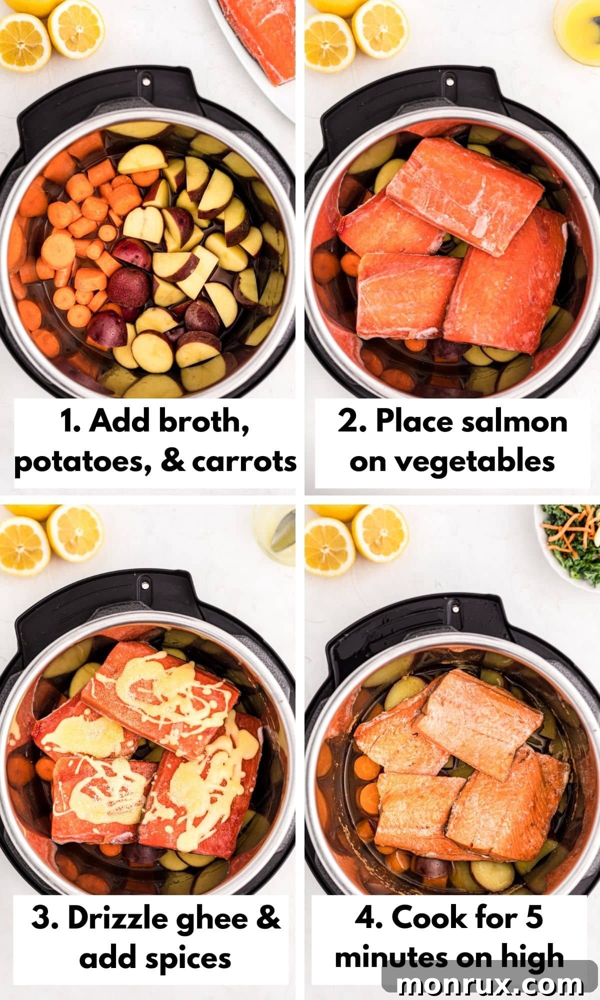 How to make salmon and potatoes in the instant pot, showing each step visually