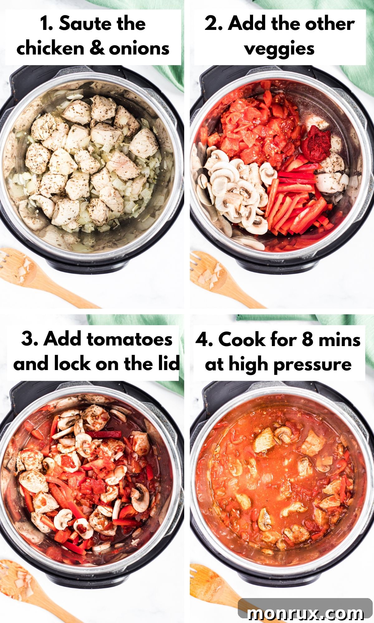 A collage of process photos showing the making of Instant Pot Keto Chicken Cacciatore, from sautéing chicken to the finished dish.